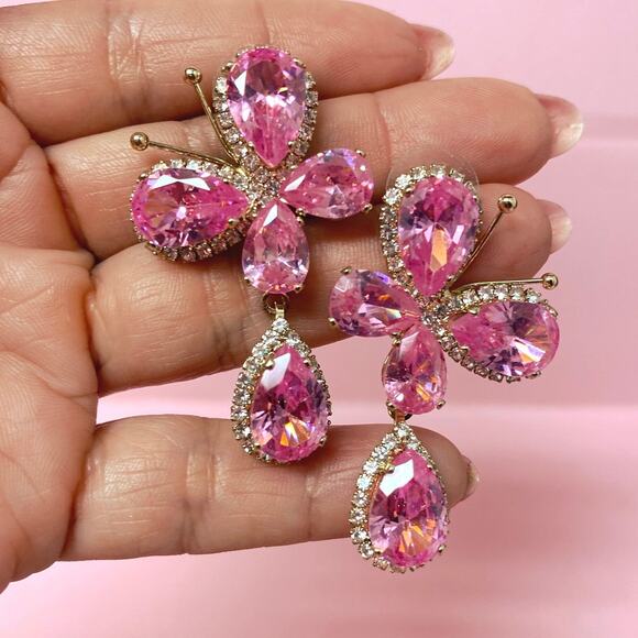 Statement Butterfly Earrings Candy Pink Zirconia Crystals - Picture 1 of 5
